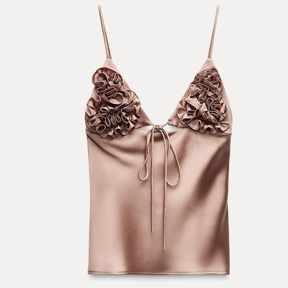 ZARA RUFFLED SATIN EFFECT TOP SZ XL | LIGHT BROWN - Picture 6 of 9